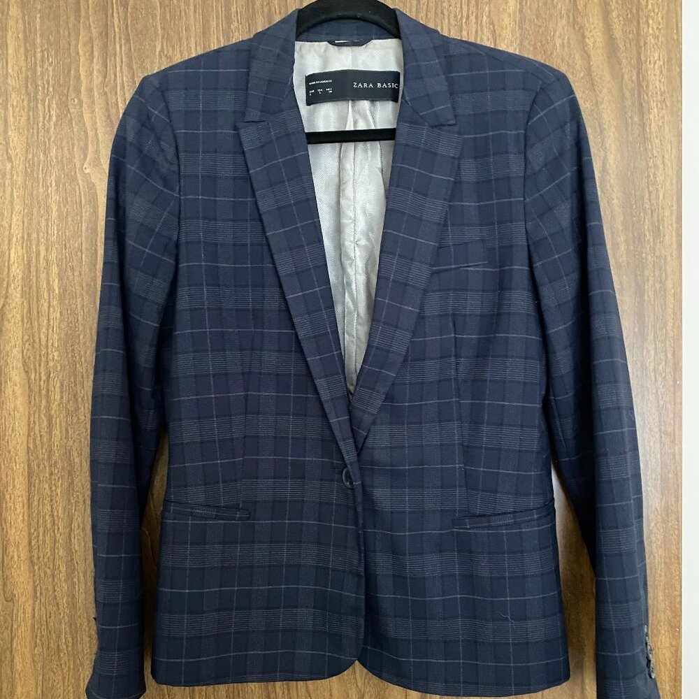 Zara Basic Women's Dark Blue Plaid Blazer - Size Large